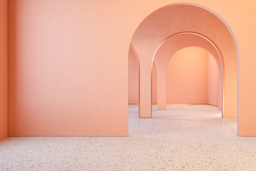 Peach pink coral interior with archs and terrazzo floor. 3d render illustration mock up