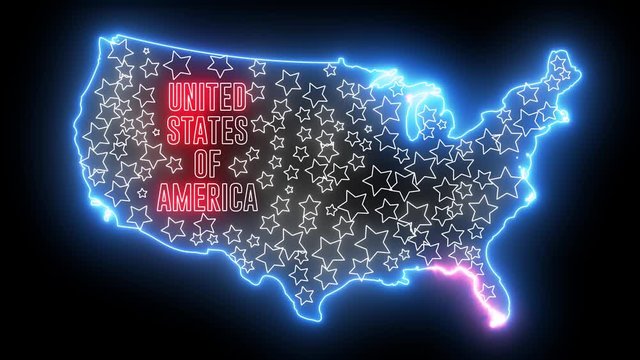 United States of America map with neon glowing light. Creative animation of America, shiny outline USA map. 