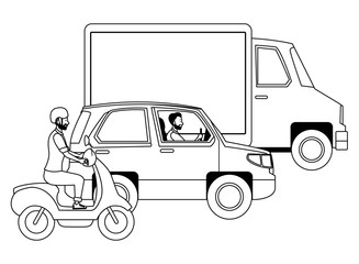 Vehicles and motorcycle with drivers riding in black and white