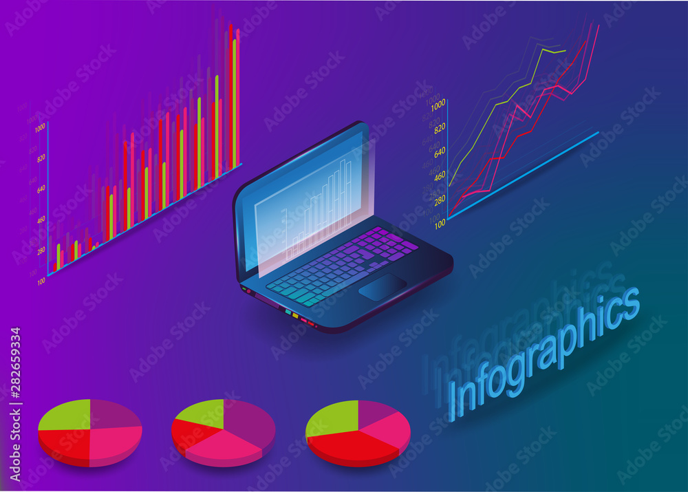 Poster data analysis and investment concept/ overview with notebook and infographic elements.vector illustr