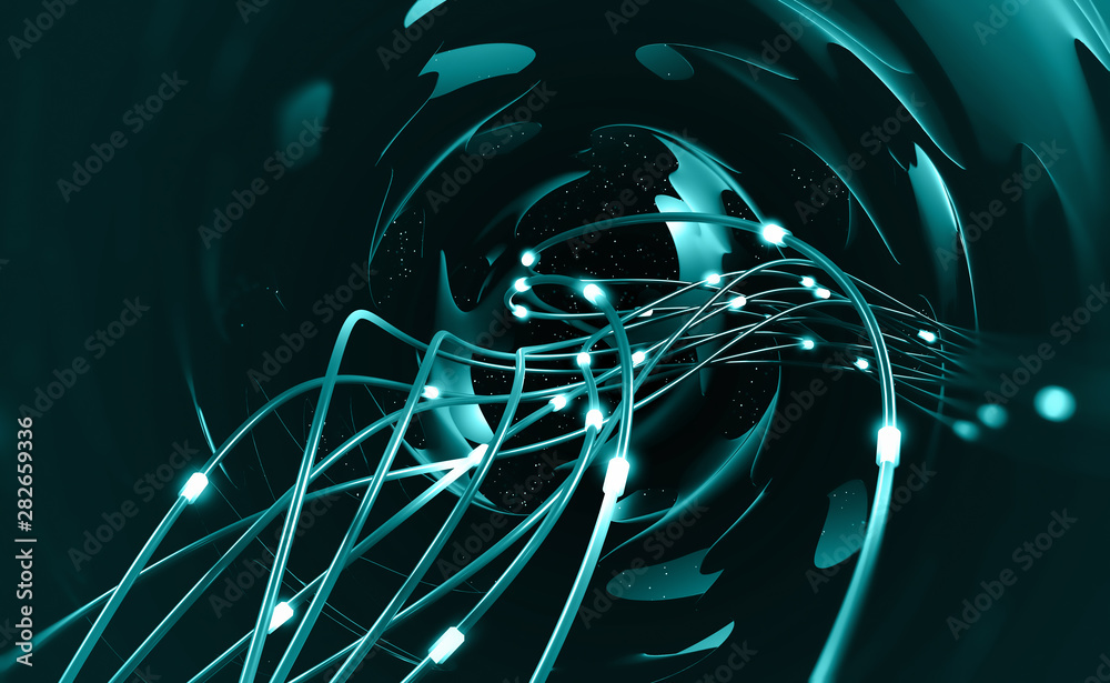 Aufkleber fiber optic, database and orbital station. 3d illustration of global digital technologies of the fut