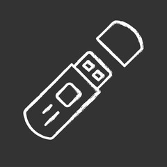 USB flash drive, external data storage chalk icon. Portable electronic device isolated vector chalkboard illustration. Wireless computer technology, PC accessory. Memory hardware, cryptographic key