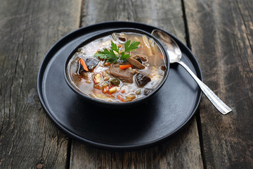 Duck broth, aromatic duck soup with vegetables and spices.