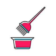 Hair coloring tools color icon. Tint mixing bowl and hair dye brush. Hairdressing instruments. Professional hairstyling. Hairstylist accessories. Isolated vector illustration