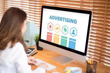 Fototapeta na wymiar Advertising Ideas Marketing Sales Customer Word With Icons