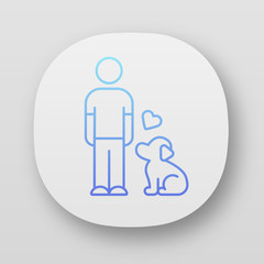 Animals welfare and help app icon. Pup and master. Pet adoption from shelter. Volunteer activity. Man with faithful dog. UI/UX user interface. Web or mobile applications. Vector isolated illustrations