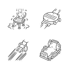 Disabled devices linear icons set. Shower chair, hospital bed, wheelchair ramp, braille smartwatch. Thin line contour symbols. Isolated vector outline illustrations. Editable stroke