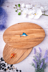 Board for slicing food or serving in a rustic card restaurant.