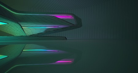 Abstract architectural drawing  interior of a minimalist house with color gradient neon lighting. 3D illustration and rendering.