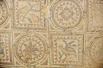 Fragment of the ancient Roman floor mosaic at the ruins of the Saint Stevens Church at an archeological site in Umm ar-Rasas, Jordan. UNESCO World heritage site