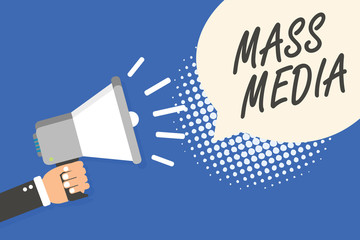 Conceptual hand writing showing Mass Media. Business photo text Group people making news to the public of what is happening Man holding megaphone loudspeaker speech bubble blue background