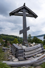 The worship cross on Mount Levitan, which is a monument to all Orthodox Christians buried here for...
