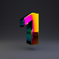 Holographic 3d number 1. Glossy font with multicolor reflections and shadow isolated on black background.
