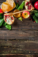 Jewish Autumn Rosh Hashana celebration. Traditional products for the celebration of Rosh Hashanah -...