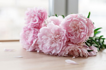 Bouquet of pink peonies on the window