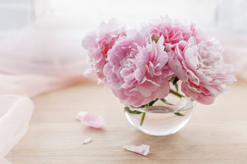 Still life with beautiful pink peonies in glass vase