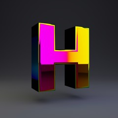 Holographic 3d letter H uppercase. Glossy font with multicolor reflections and shadow isolated on black background.