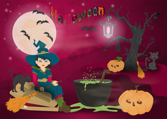 childrens_6_illustration of all saints eve holiday, Halloween, night dark purple background with moon and scary tree