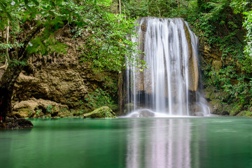 Fototapeta na wymiar Erawan Waterfall, Erawan National Park in Kanchanaburi, Thailand