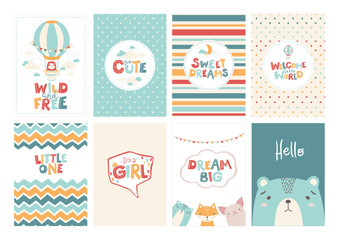 Vector set cute greeting cards for baby in a simple Scandinavian style and pastel palette. Ideal for children's rooms