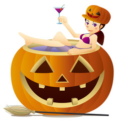 ハロウィンかぼちゃの浴槽でカクテルを飲むキュートな魔女