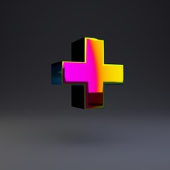 Obraz premium Holographic 3d plus symbol. Glossy font with multicolor reflections and shadow isolated on black background.