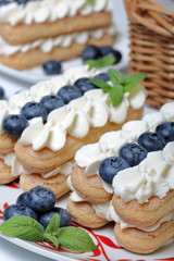 Cakes made from Italian savoyardi cookies and cream. Decorated with blueberries and mint leaves. Close up, macro shot.
