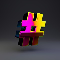 Obraz premium Holographic 3d hashtag symbol. Glossy font with multicolor reflections and shadow isolated on black background.