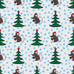 New year seamless pattern with Christmas trees, rats and snowflakes drawn by hand. Funny vector illustration.