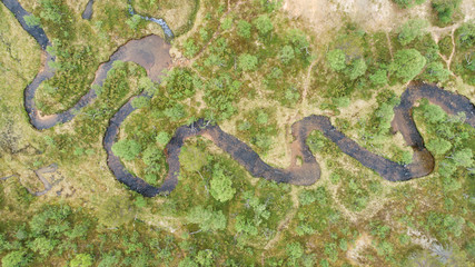 Top down view of winding river in lapland. Top view of beautiful nature texture from drone. Urho Kekkonen national park. Finland.