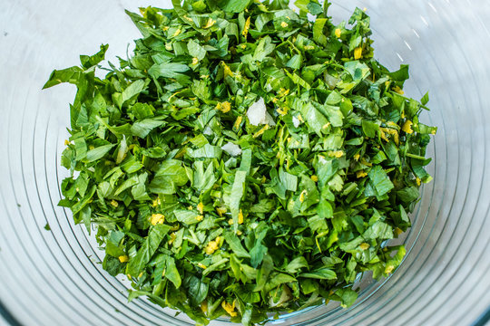 Gremolata Ingredients Lemon Zest, Parsley and Garlic for Osso Buco, Veal Shanks that are Braised in Wine.