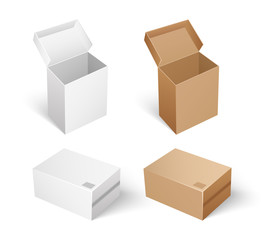 Packaging and storage concept, safe transportation and keeping inside of carton containers. Packages and boxes with opened caps isolated icons set vector