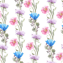 Watercolor botanical pattern of pink  and blue spring flowers. Seamless pattern. Textile design. Gift wrap. Pink flowers, white background, spring print. Template.