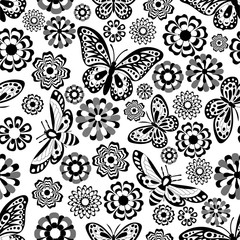 Seamless pattern, black butterflies and flowers on a white background