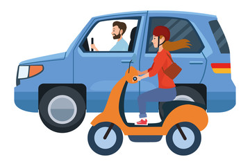 Vehicle and motorcycle with drivers riding