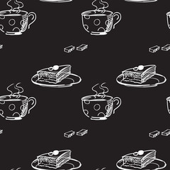 Seamless pattern with cup of tea and cake are on the black background