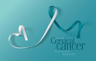 Cervical Cancer Awareness Calligraphy Poster Design. Realistic Teal and White Ribbon. January is Cancer Awareness Month. Vector. Illustration