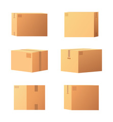 Carton packages with adhesive type set of isolated icons vector. Containers made of cardboard, packaging square objects for storage and items keeping