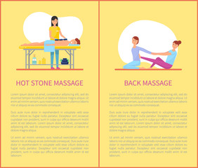 Hot stone back massages treatment posters with text vector. Masseuse rubbing males body with oil and lotions to relieve pain. Professional expert