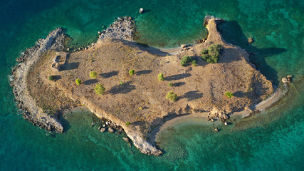 Aerial drone photo of bat shaped island of Apsifia in picturesque village of Galaxidi, Fokida, Greece