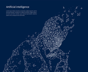Artificial intelligence poster illuminated vector. People made of geometric shapes, intellect of futuristic programmes and robots. Thinking systems