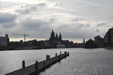 Pier in the city on a cloudy day.