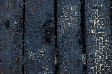 Black burnt wooden background Textured board Selective focus