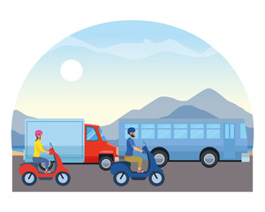 Vehicles and motorcycles with drivers riding