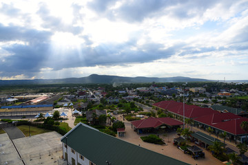 Falmouth Cruise Port wide angle with sunshine from cloud, Falmouth, Jamaica.