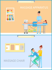 Massage on apparatus and special machine chair vector posters in circle. Masseuse woman making relaxing procedure using electronic device in spa cabinet