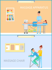 Massage on apparatus and special machine chair vector posters in circle. Masseuse woman making relaxing procedure using electronic device in spa cabinet