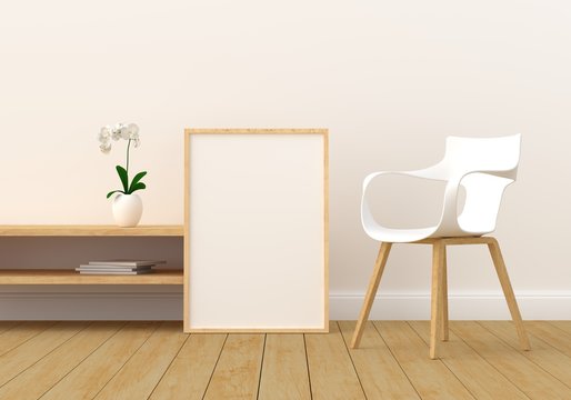 blank photo frame in modern living room, 3D render, 3D illustration