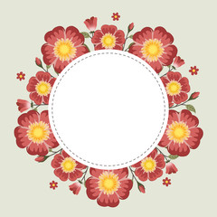 Floral greeting card and invitation template for wedding or birthday, Vector circle shape of text box label and frame, Red rosa gallica flowers wreath ivy style with branch and leaves.