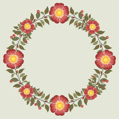 Floral greeting card and invitation template for wedding or birthday, Vector circle shape of text box label and frame, Red rosa gallica flowers wreath ivy style with branch and leaves.